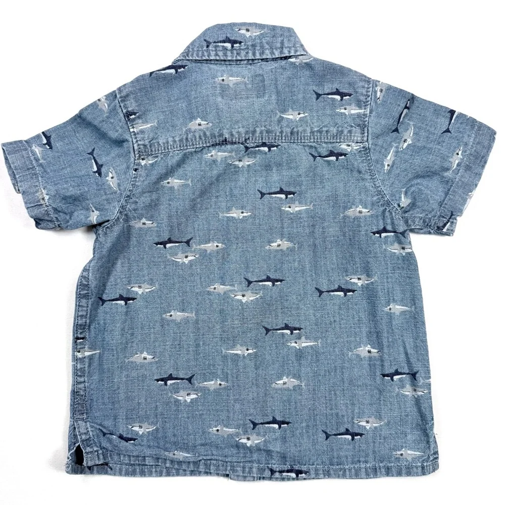 OSHKOSH B'GOSH Baby Boys' Shark Print‎ Chambray Nautical Button Down Size 12M
